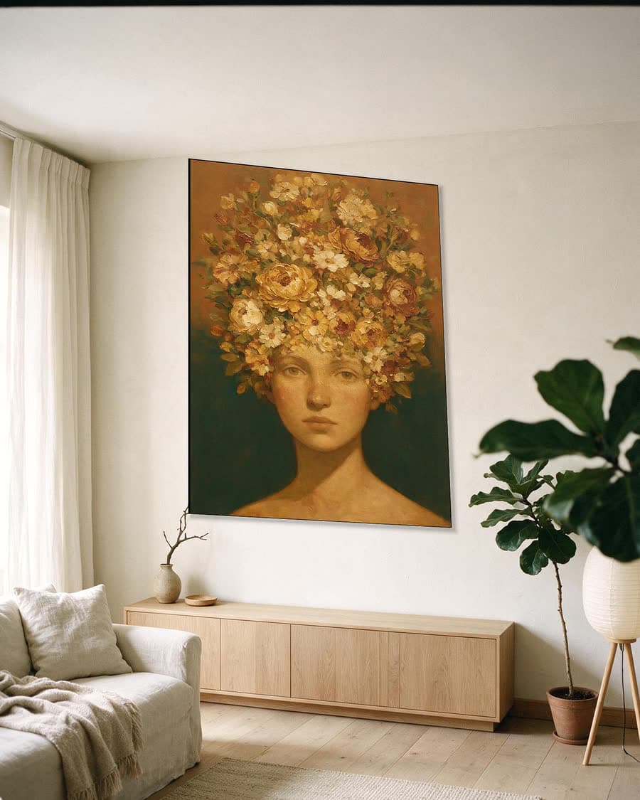 Gele rozen als haar in een aluminium frame aan dezelfde muur