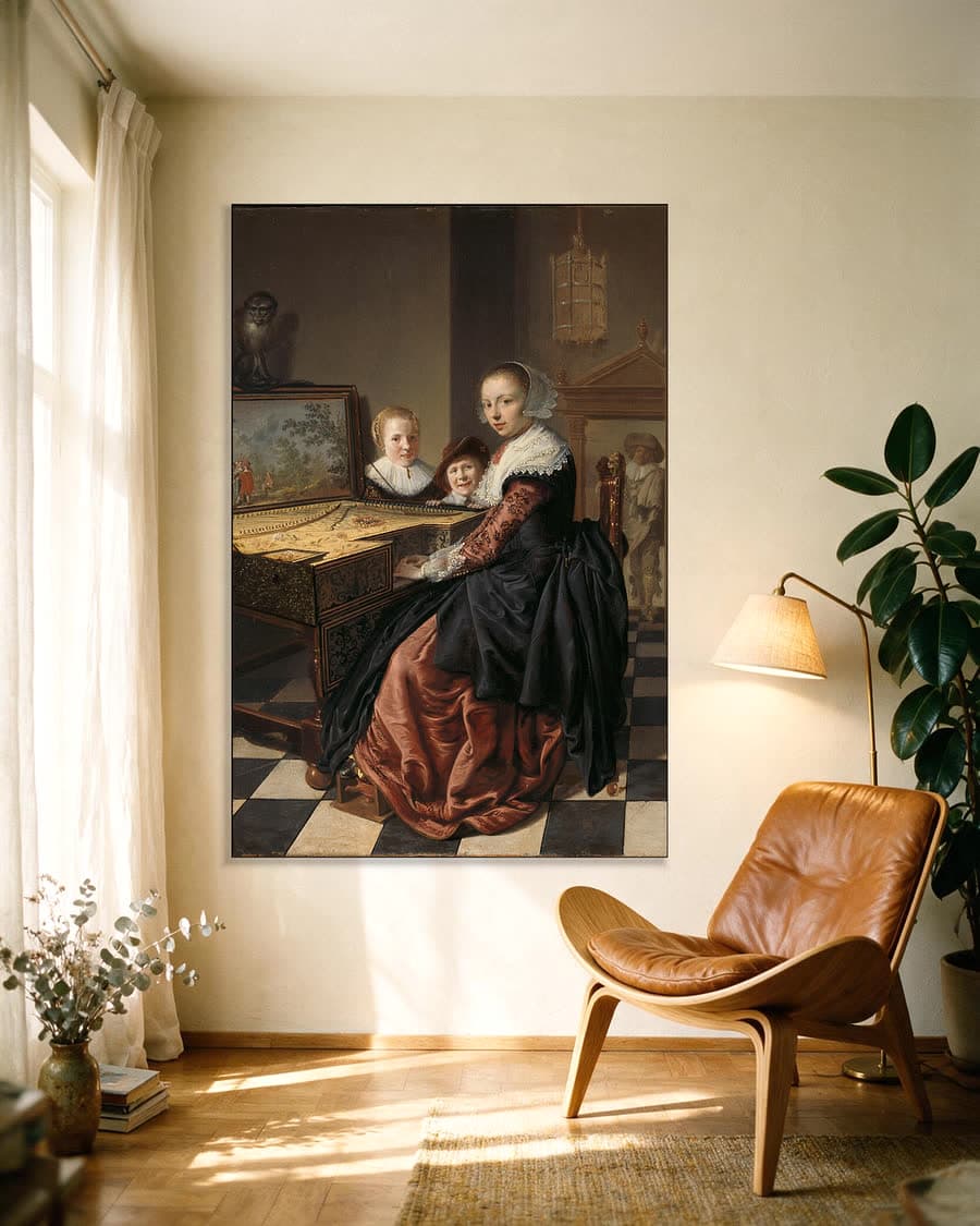 De virginaalspeelster in een aluminium frame aan dezelfde muur