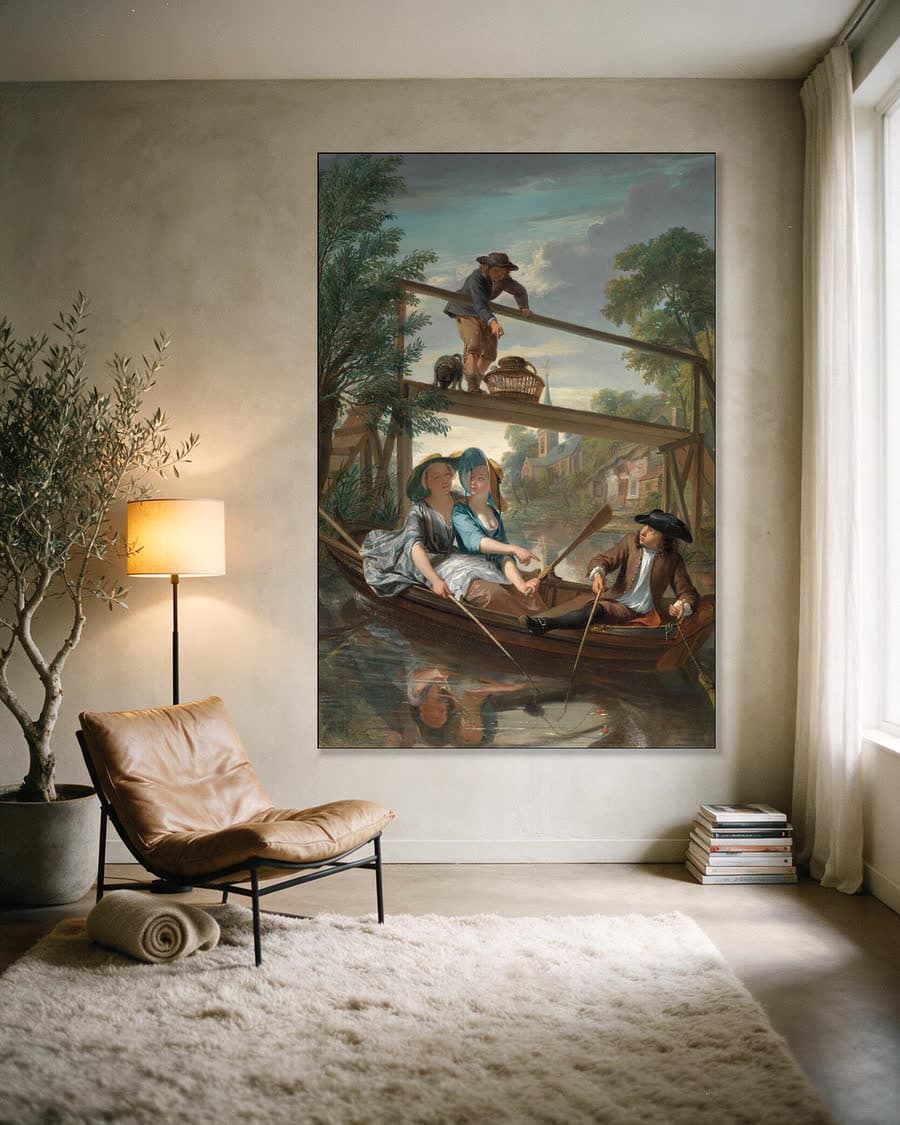 Genrestuk met een elegant jong paar in een landschap in een aluminium frame aan dezelfde muur