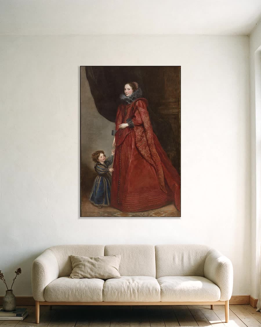 Genuese dame met haar kind in een aluminium frame aan dezelfde muur