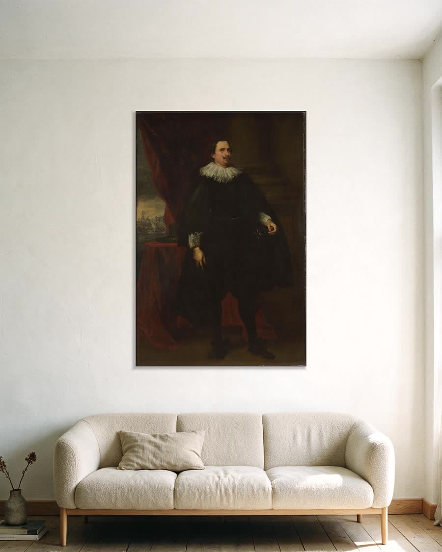 Portret van een man uit de familie Van der Borght in een aluminium frame aan dezelfde muur