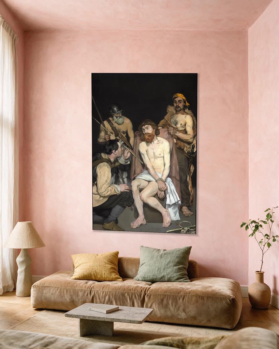 Christus bespot door de soldaten in een aluminium frame aan dezelfde muur