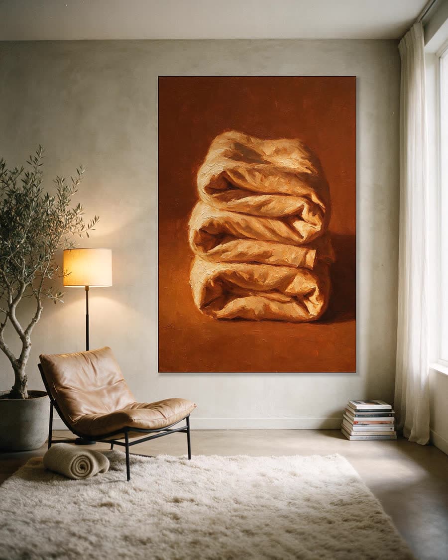 Gevouwen linnen in een aluminium frame aan dezelfde muur