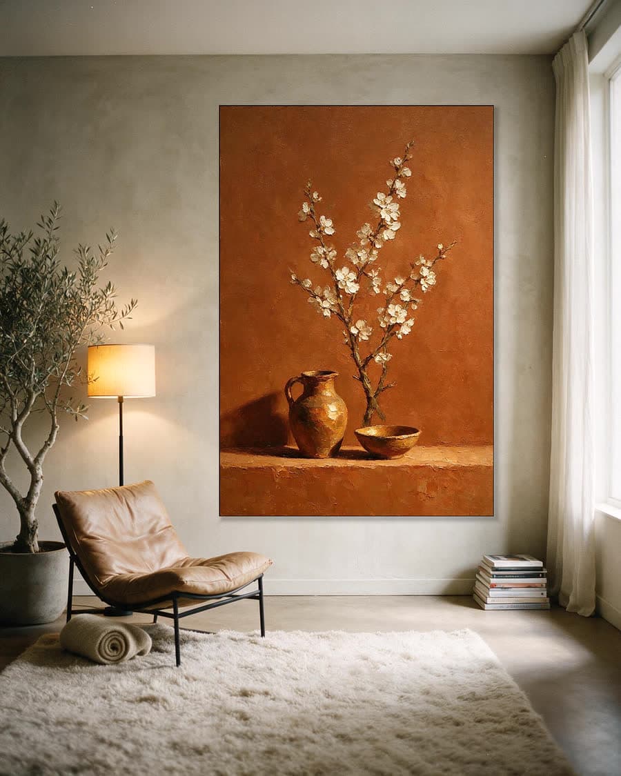 Bloesemtak in een kruik in een aluminium frame aan dezelfde muur