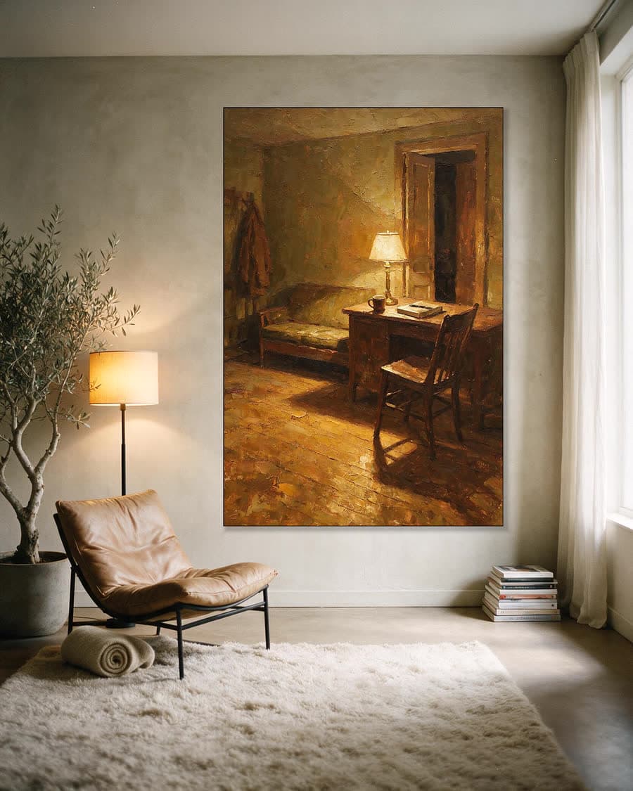 Bureau met een lamp aan in een aluminium frame aan dezelfde muur