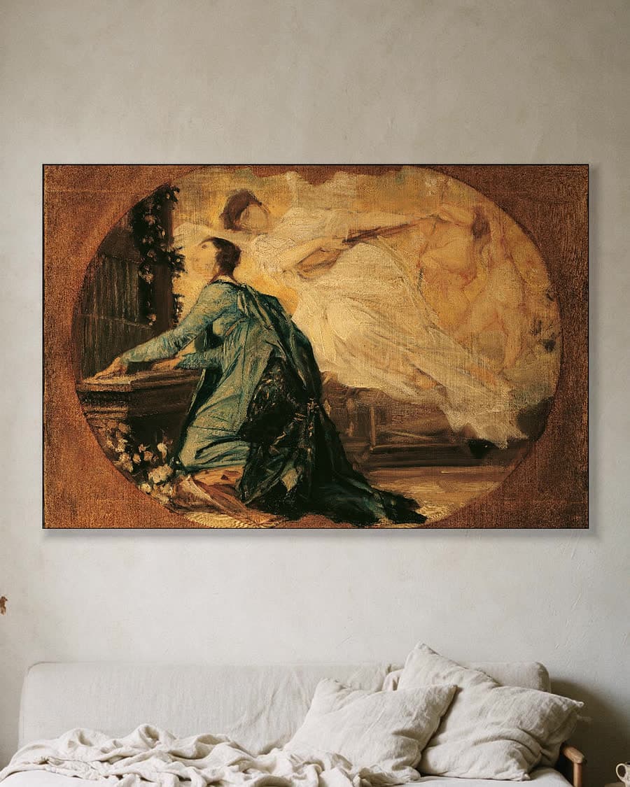 Allegorie van de heilige muziek in een aluminium frame aan dezelfde muur