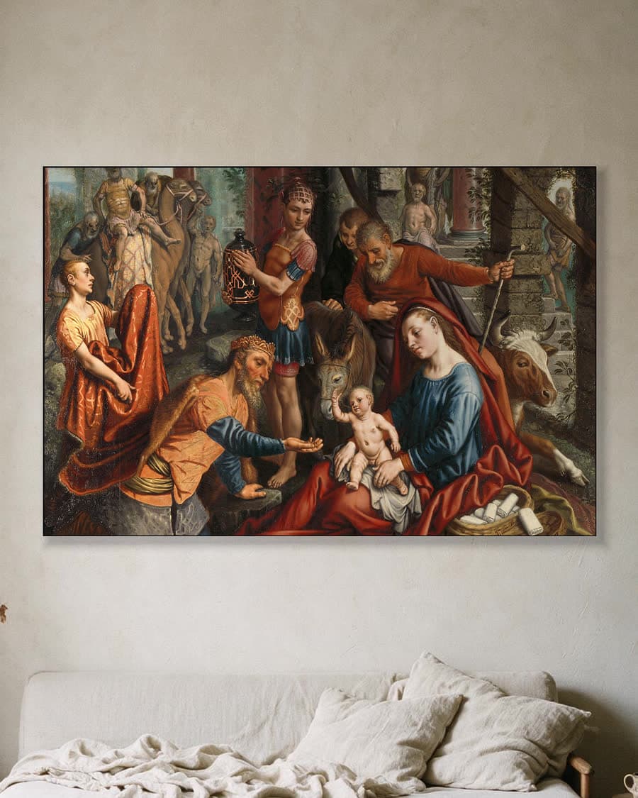 De aanbidding der koningen in een aluminium frame aan dezelfde muur