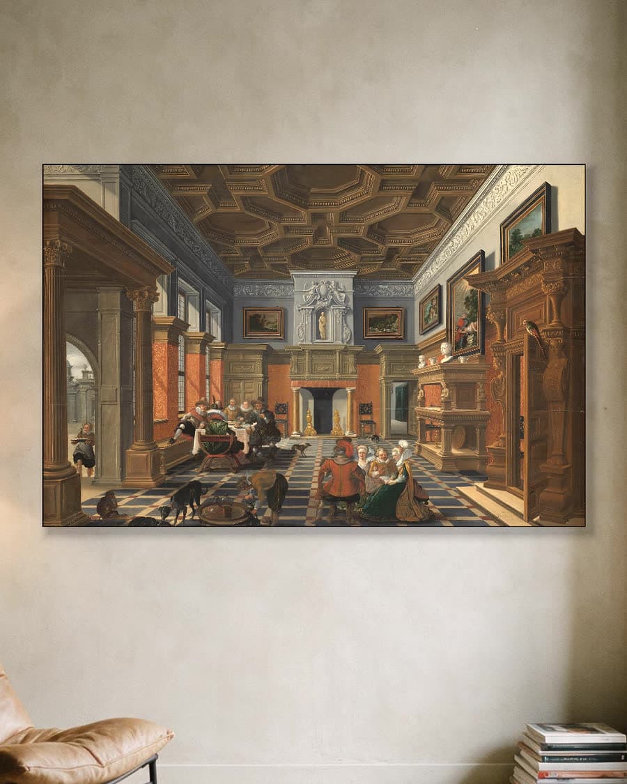 Een gezelschap in een interieur in een aluminium frame aan dezelfde muur
