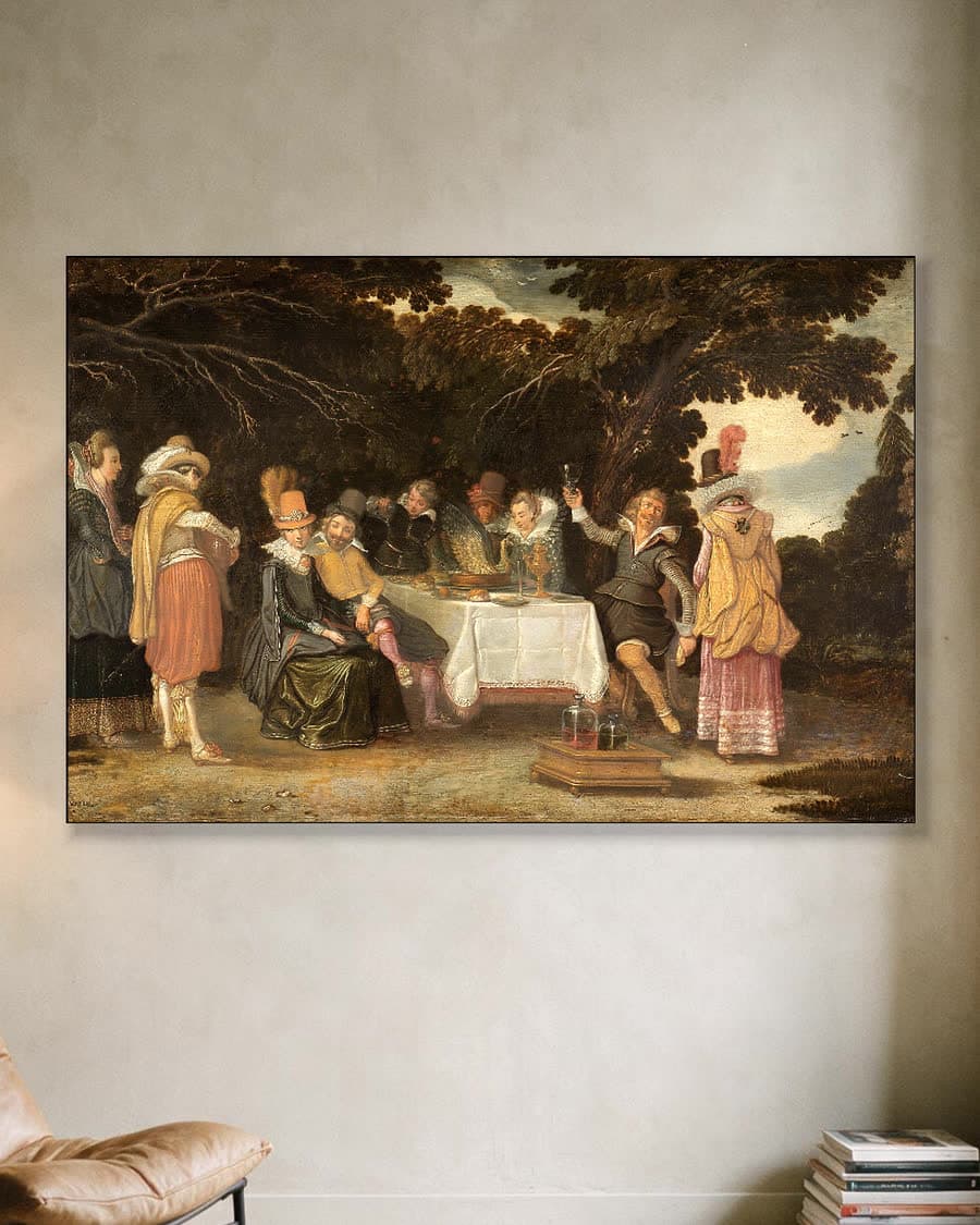 Voornaam gezelschap, dinerend in de buitenlucht in een aluminium frame aan dezelfde muur