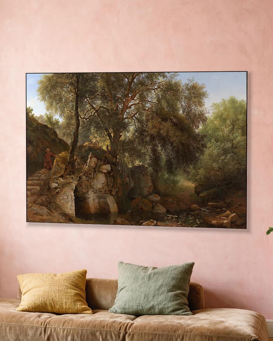 Gezicht in het park van de Villa Chigi bij Ariccia in een aluminium frame aan dezelfde muur
