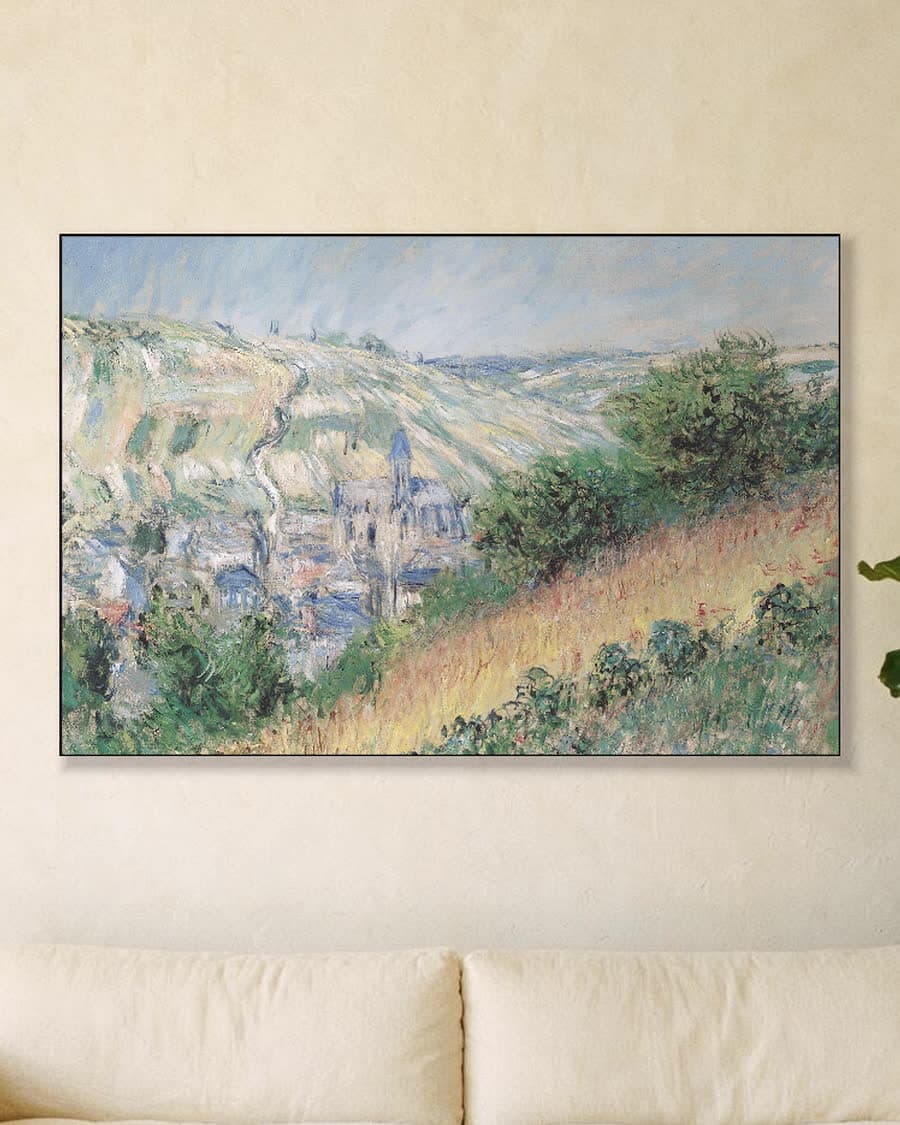 Gezicht op Vétheuil in een aluminium frame aan dezelfde muur