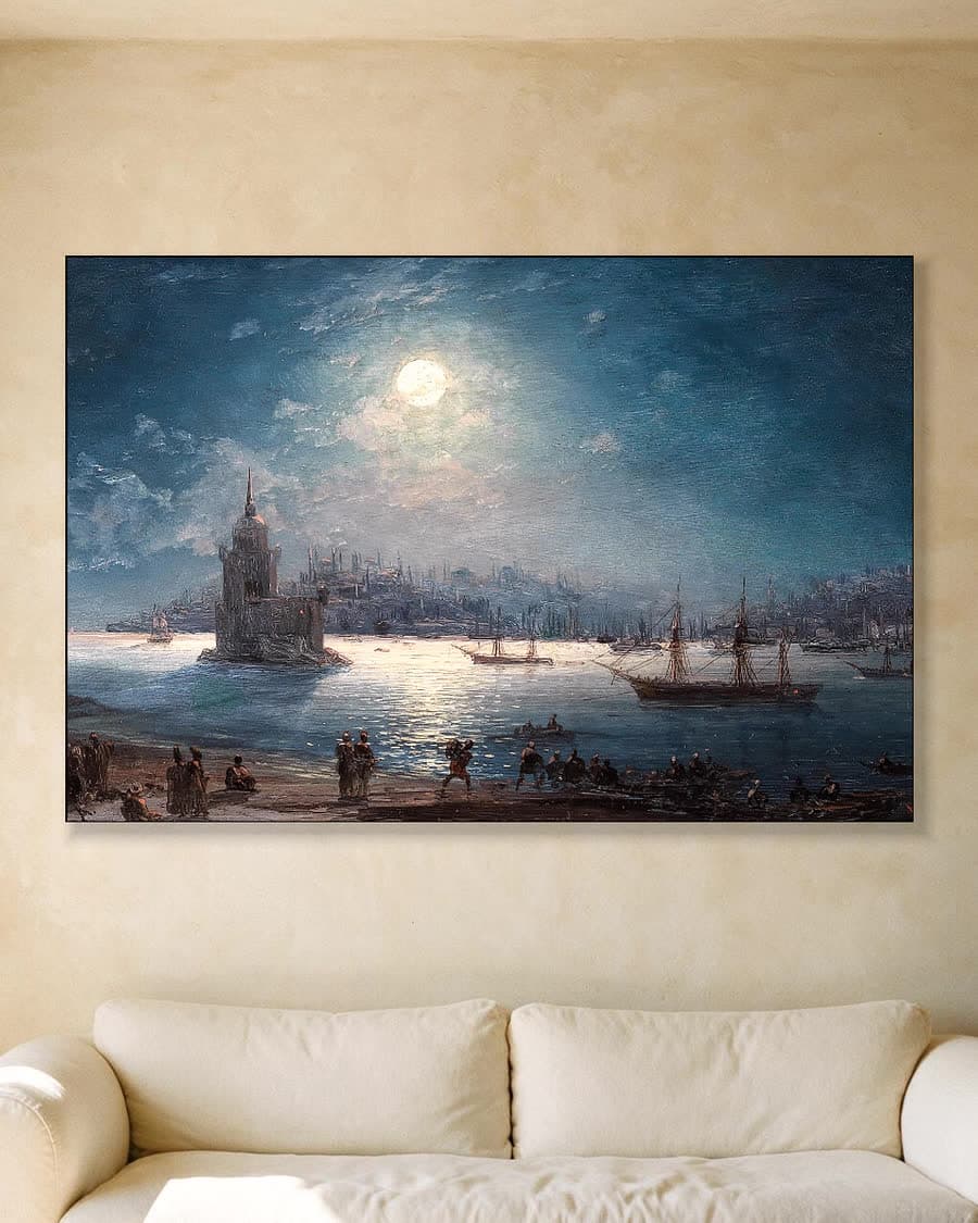 Gezicht op de Bosporus met de Hagia Sophia bij maanlicht in een aluminium frame aan dezelfde muur