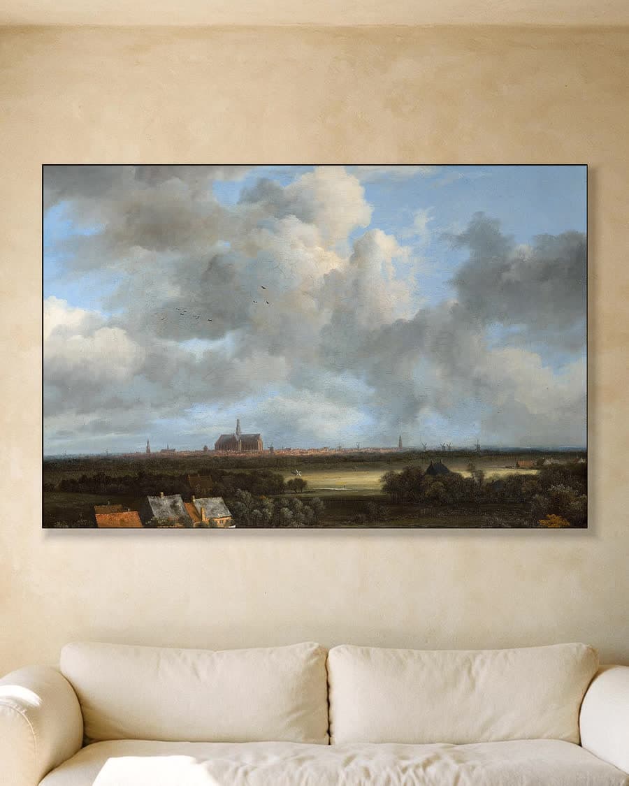 Gezicht op Haarlem met bleekvelden in een aluminium frame aan dezelfde muur