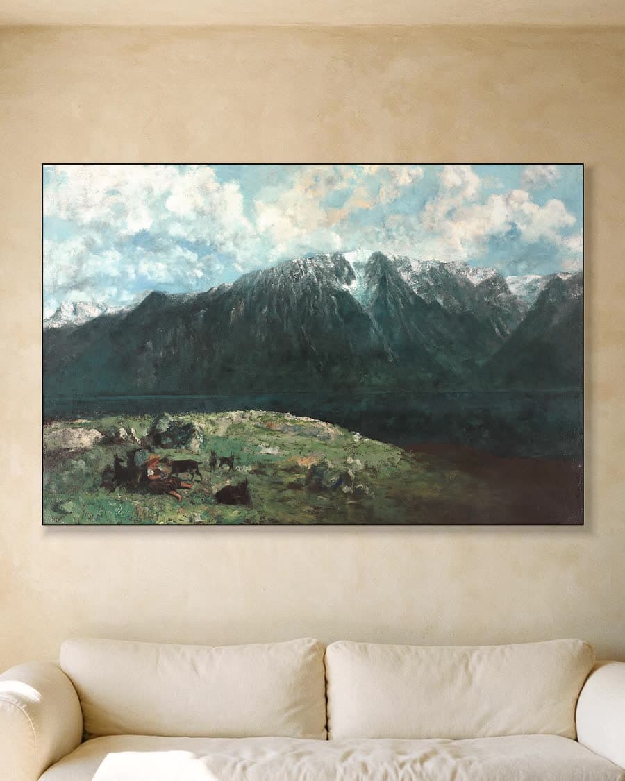 Panoramisch gezicht op de Alpen, Les Dents du Midi in een aluminium frame aan dezelfde muur