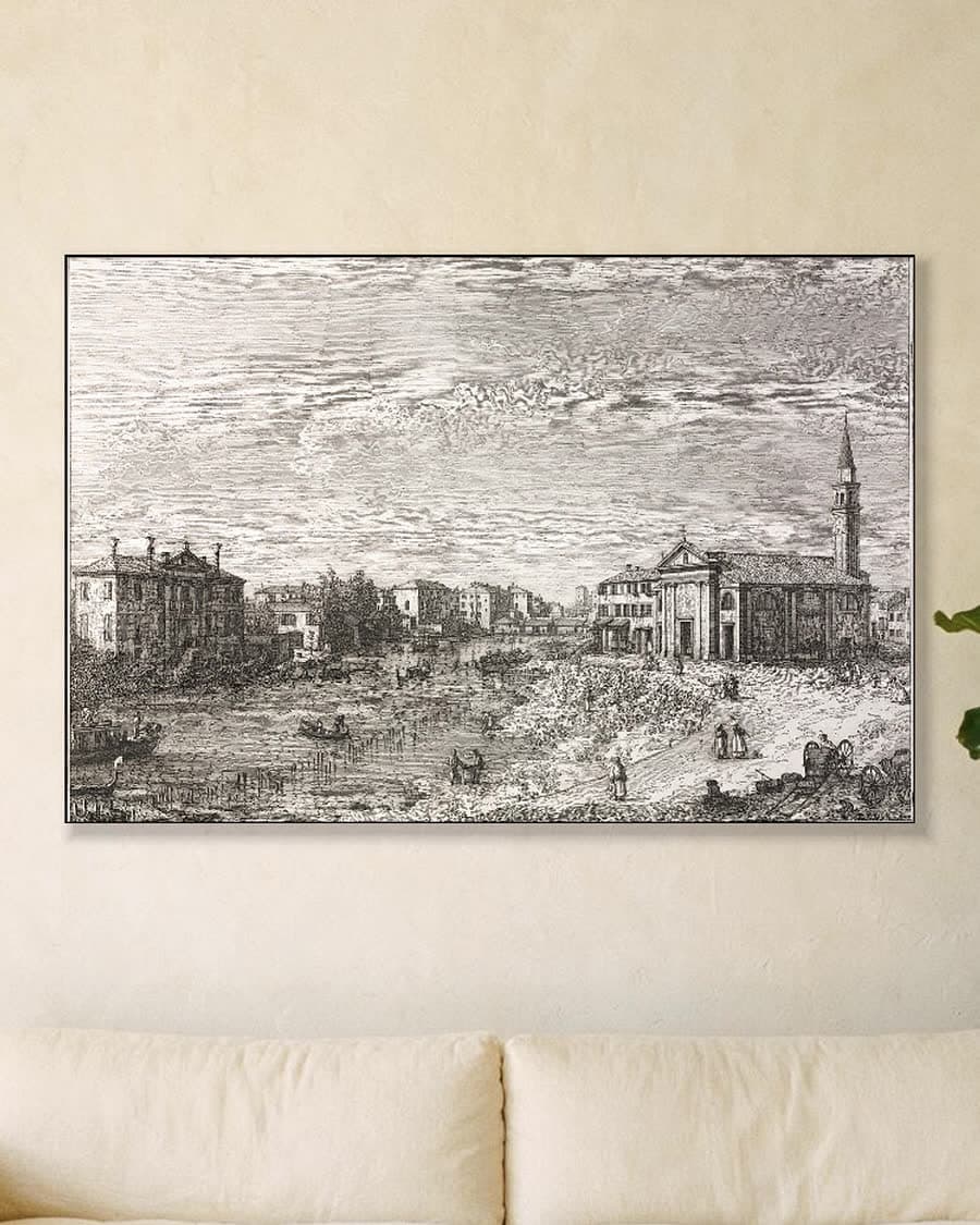 Stadsgezicht aan de rivier in een aluminium frame aan dezelfde muur