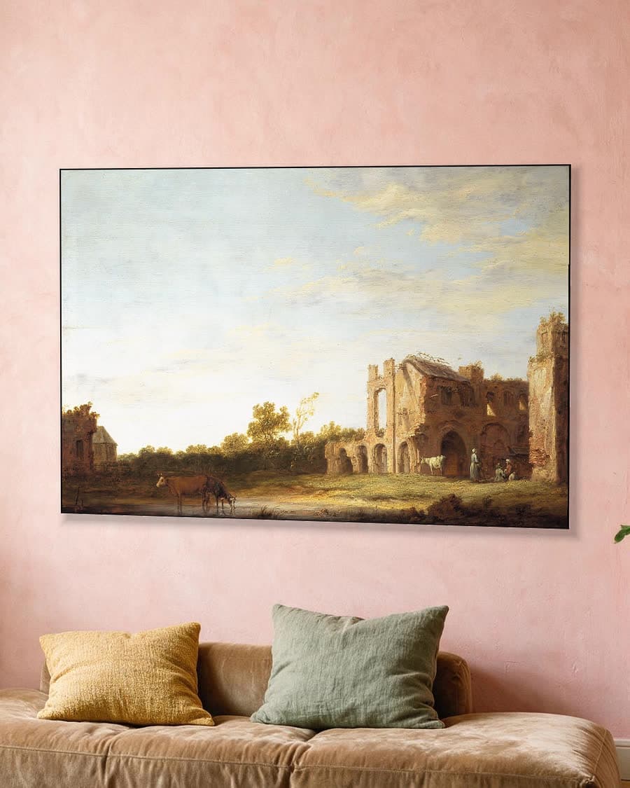 Landschap met de ruïne van de abdij van Rijnsburg in een aluminium frame aan dezelfde muur