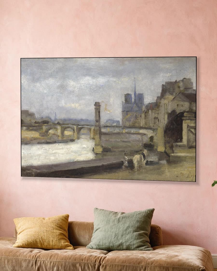 Gezicht op de Seine met Notre Dame in een aluminium frame aan dezelfde muur