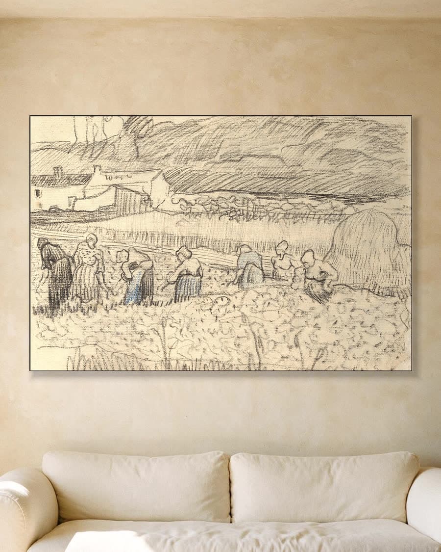Landschap met oogstende boerinnen in een aluminium frame aan dezelfde muur