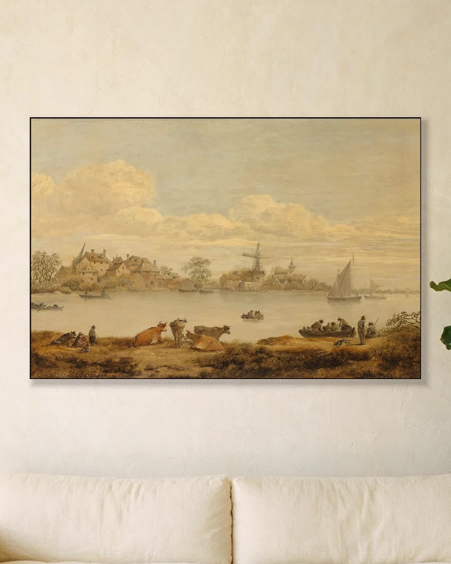 Gezicht op een rivier in een aluminium frame aan dezelfde muur