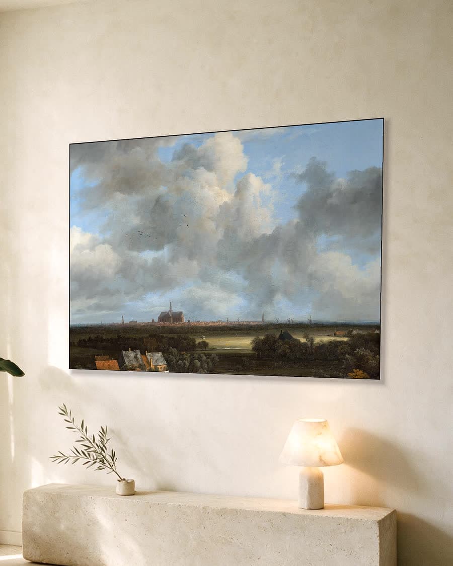 Gezicht op Haarlem met bleekvelden in een aluminium frame aan dezelfde muur