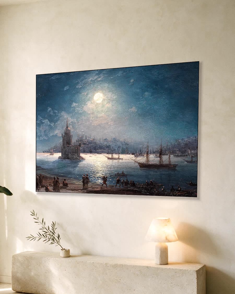 Gezicht op de Bosporus met de Hagia Sophia bij maanlicht in een aluminium frame aan dezelfde muur
