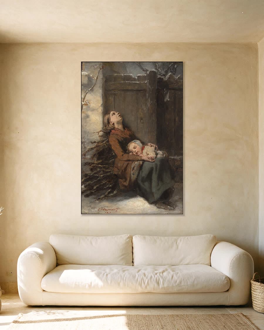 Berooide gestorven moeder met haar slapende kind in de winter in een aluminium frame aan dezelfde muur