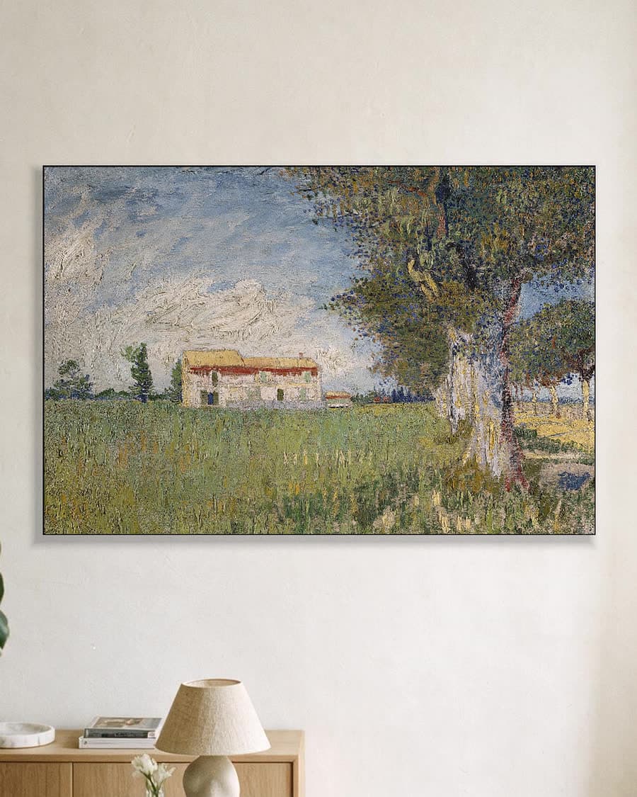 Boerderij in een korenveld in een aluminium frame aan dezelfde muur