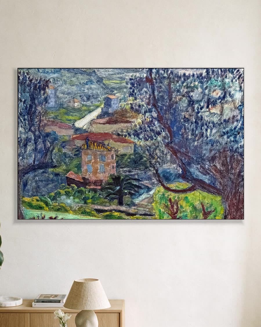 Dorpsgezicht in de vallei in een aluminium frame aan dezelfde muur