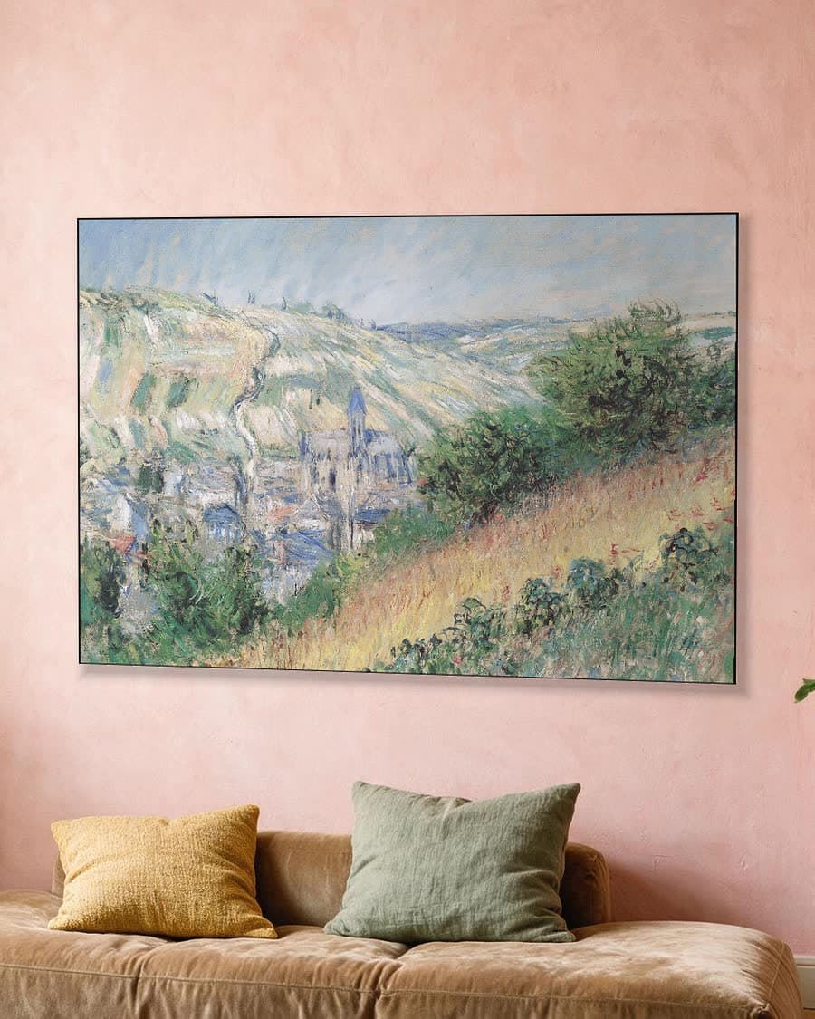Gezicht op Vétheuil in een aluminium frame aan dezelfde muur