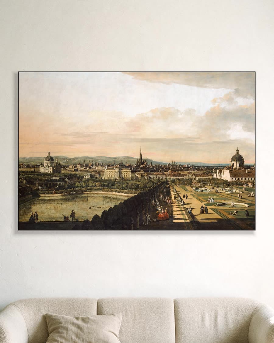 Panoramisch stadsgezicht met paleistuin in een aluminium frame aan dezelfde muur