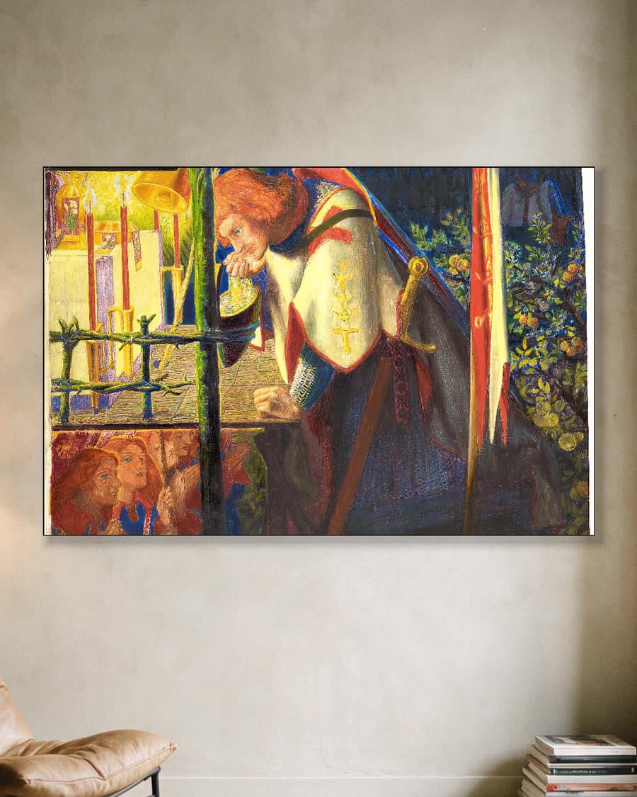 Sir Galahad bij de vervallen kapel in een aluminium frame aan dezelfde muur
