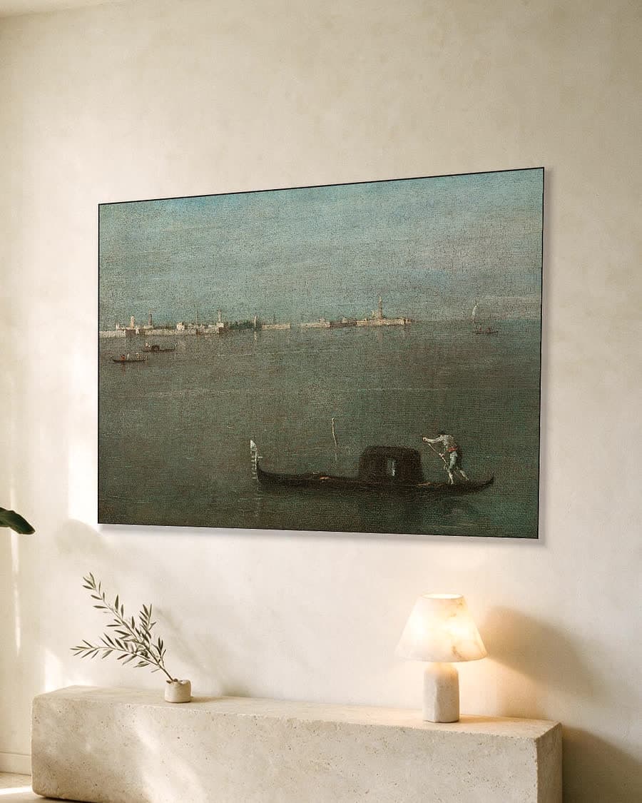Gondels in de Venetiaanse lagune in een aluminium frame aan dezelfde muur