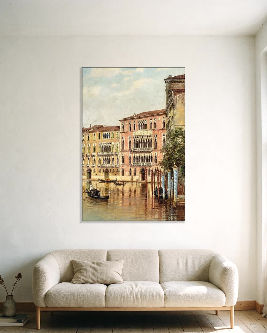 Gondels op het Canal Grande in een aluminium frame aan dezelfde muur
