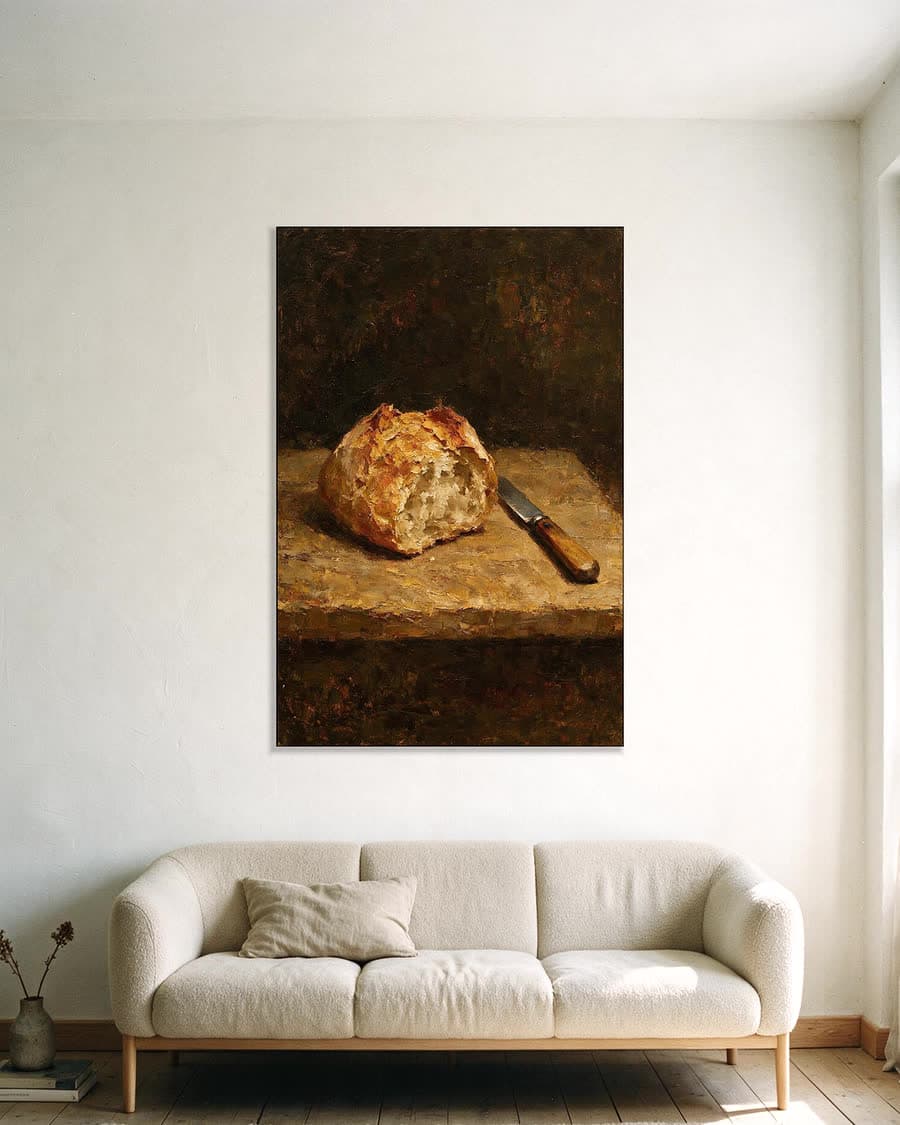 Brood en een mes in een aluminium frame aan dezelfde muur