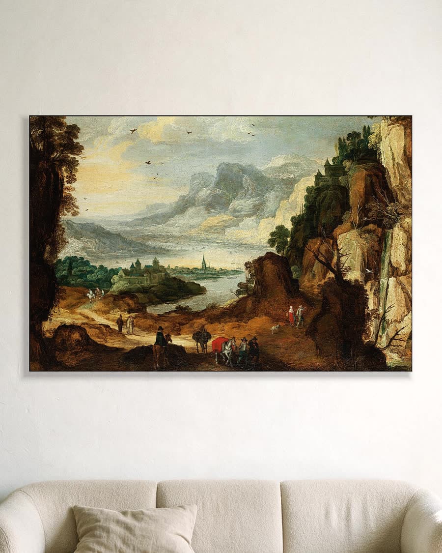 Berglandschap met rivier en stad in een aluminium frame aan dezelfde muur