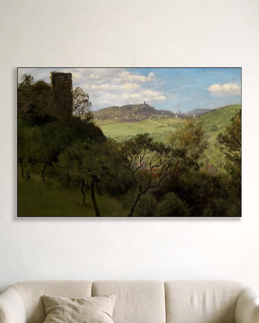 Vallei met kasteel en dorp in een aluminium frame aan dezelfde muur