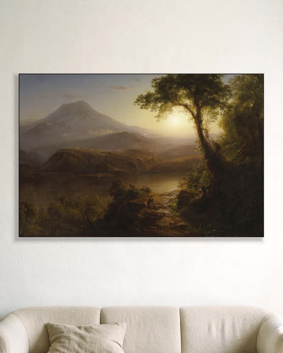 Gouden gloed over het meer in een aluminium frame aan dezelfde muur