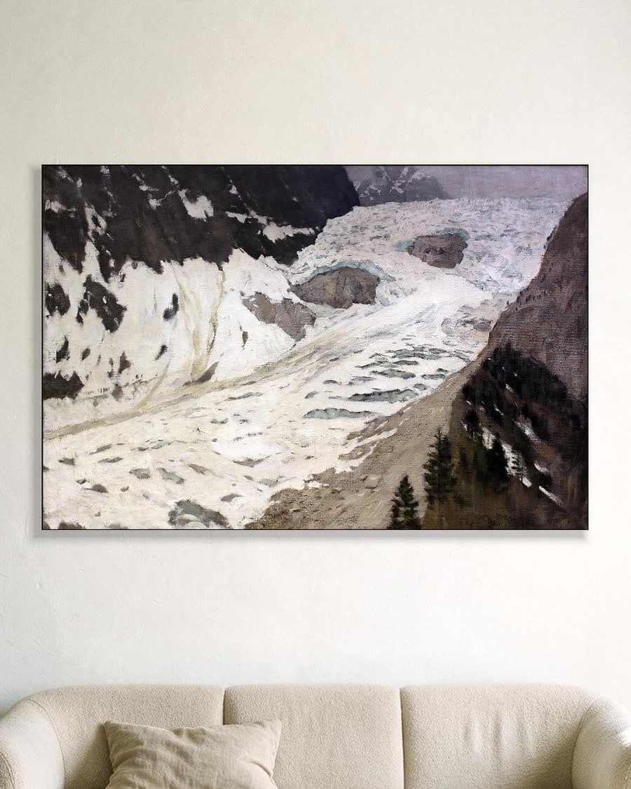 Alpenlandschap met Gletsjer in een aluminium frame aan dezelfde muur
