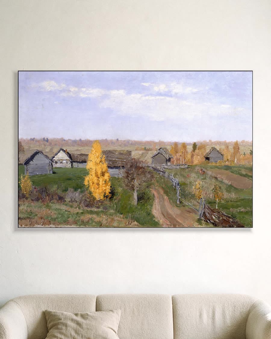 Herfst in het dorp in een aluminium frame aan dezelfde muur