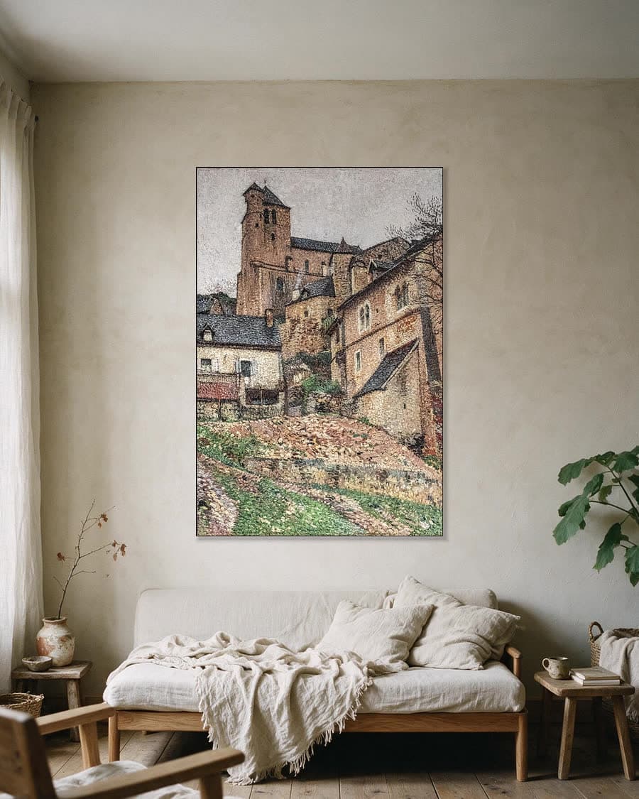 Dorp op de heuvel in een aluminium frame aan dezelfde muur