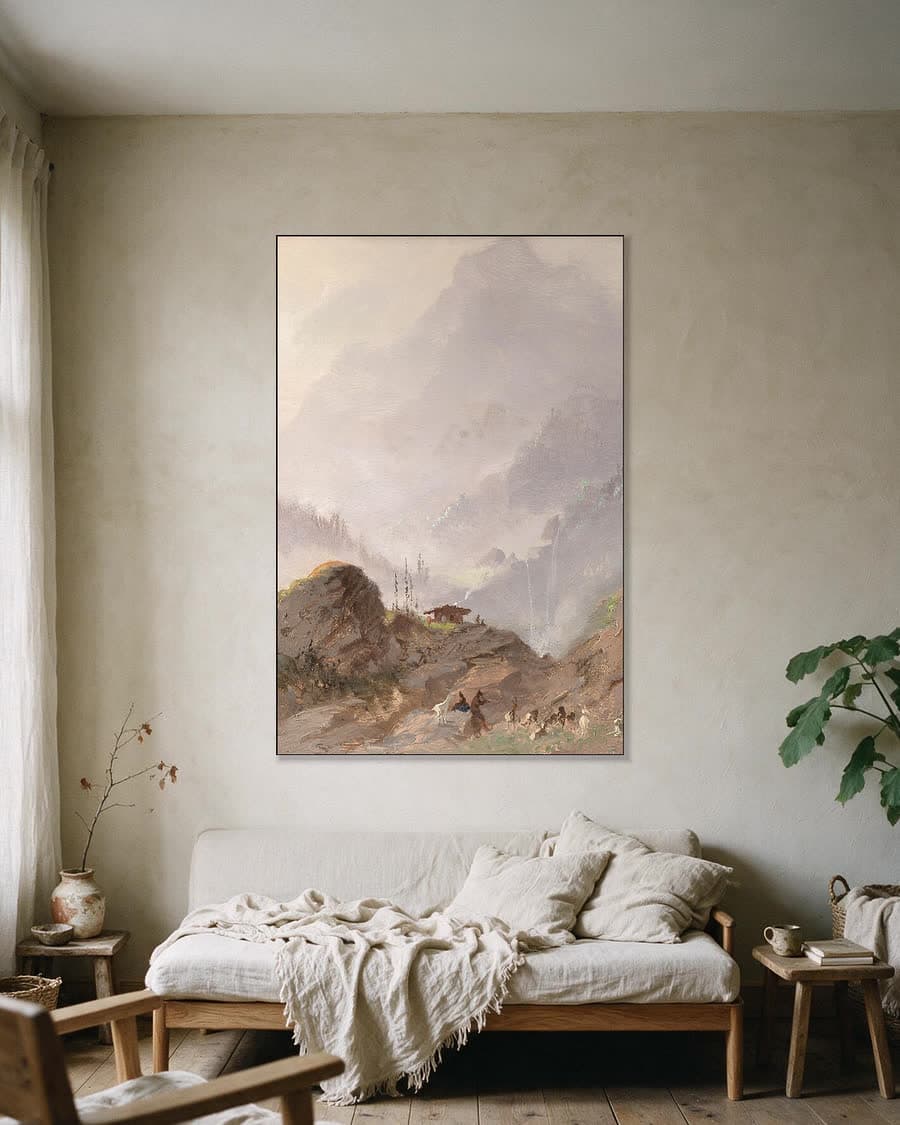 Berglandschap in Tirol met gemzen in een aluminium frame aan dezelfde muur