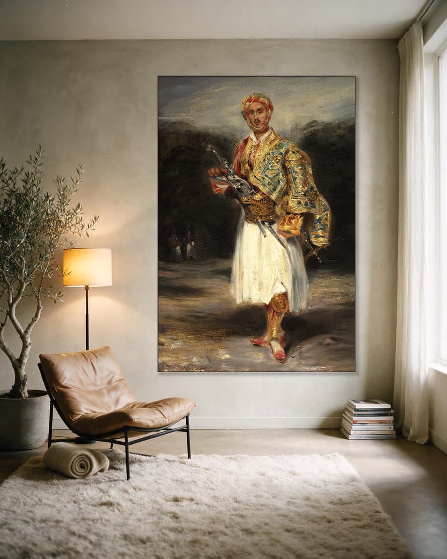Graaf Demetrius de Palatiano in Suliotisch kostuum in een aluminium frame aan dezelfde muur