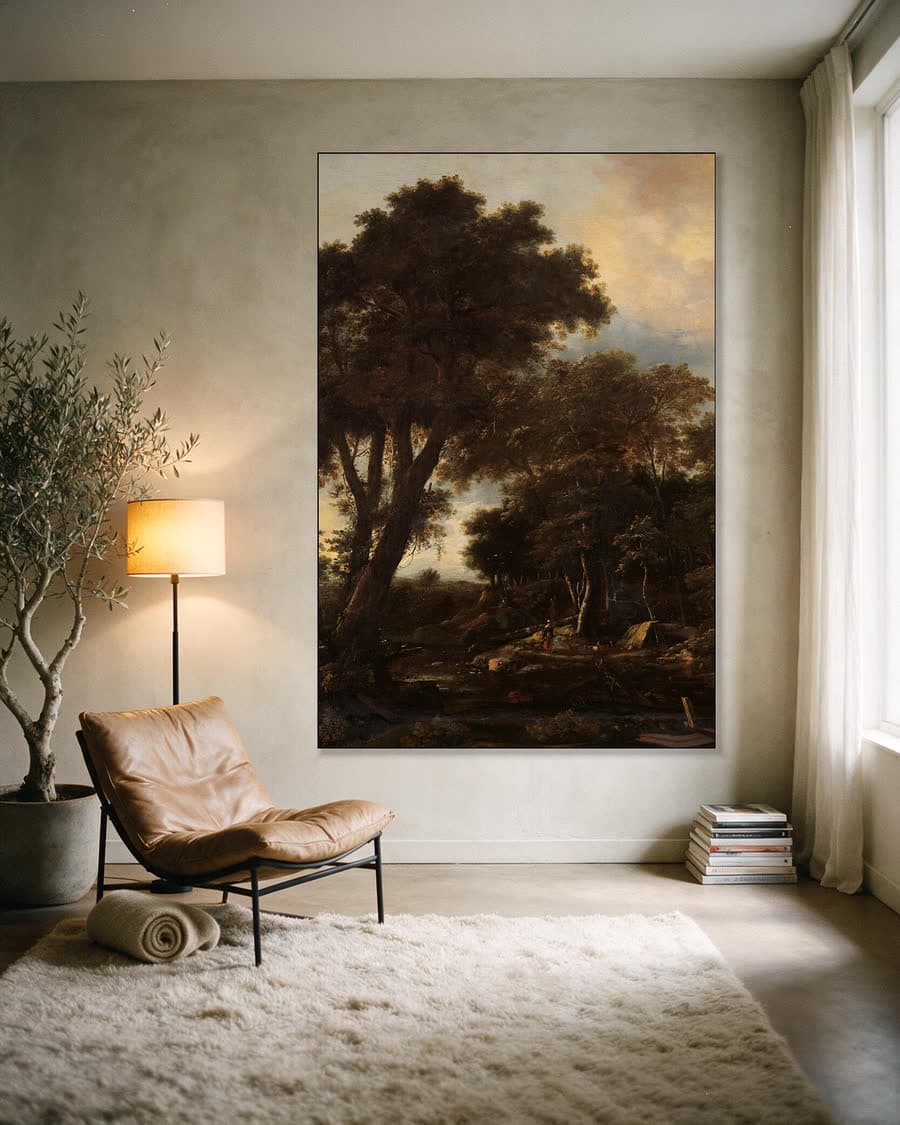 Boslandschap met hut in een aluminium frame aan dezelfde muur