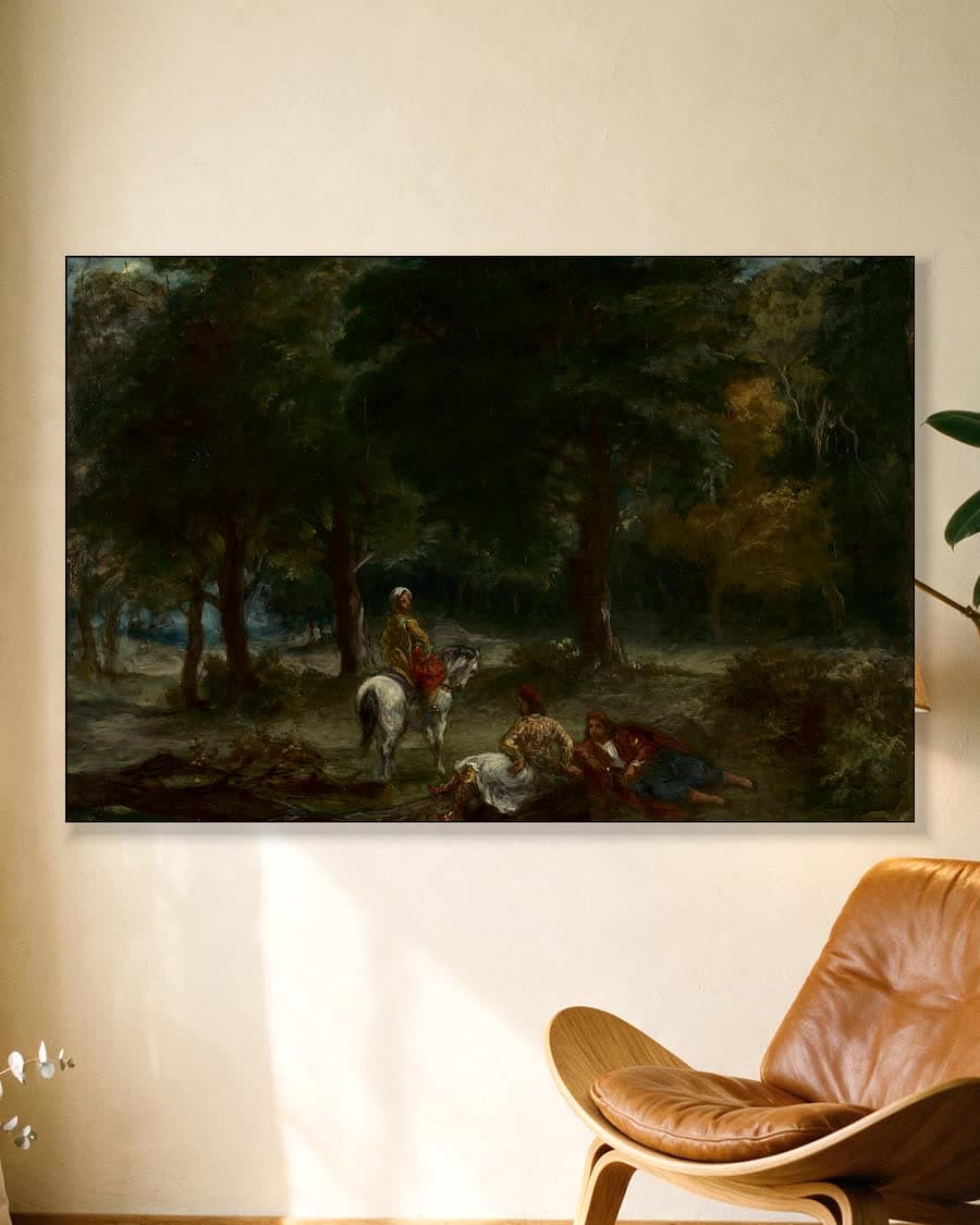 Griekse ruiters rustend in een bos in een aluminium frame aan dezelfde muur