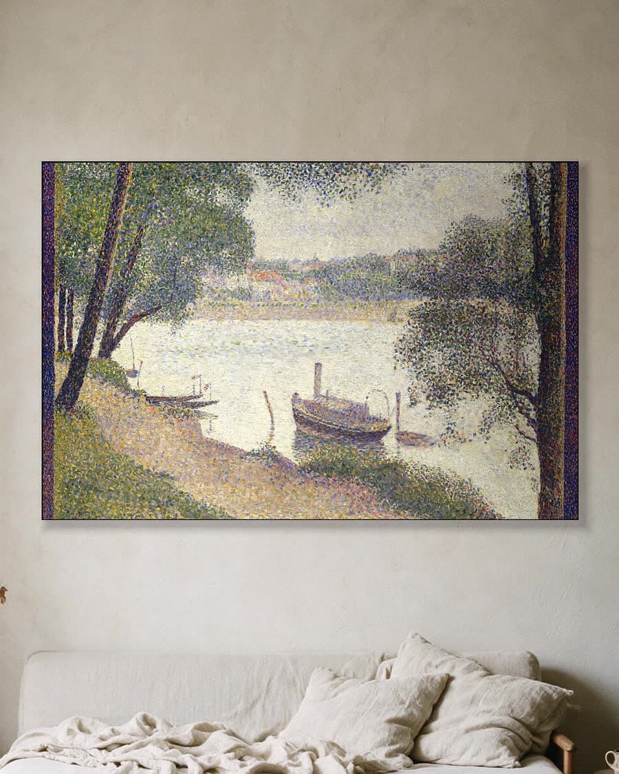 Grijze dag op de Grande Jatte in een aluminium frame aan dezelfde muur