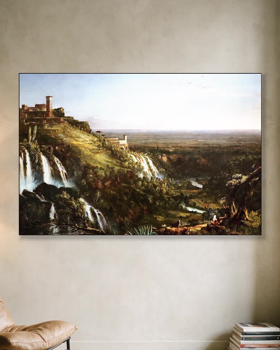 Groots landschap met watervallen in een aluminium frame aan dezelfde muur