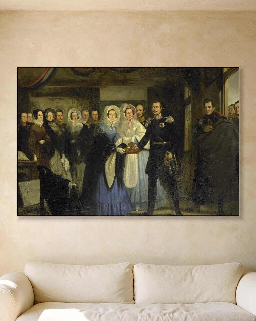 Grootvorst Alexander van Rusland bezoekt het Czaar Peterhuisje in een aluminium frame aan dezelfde muur