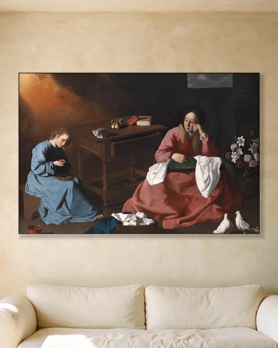 Christus en Maria in het huis te Nazareth in een aluminium frame aan dezelfde muur