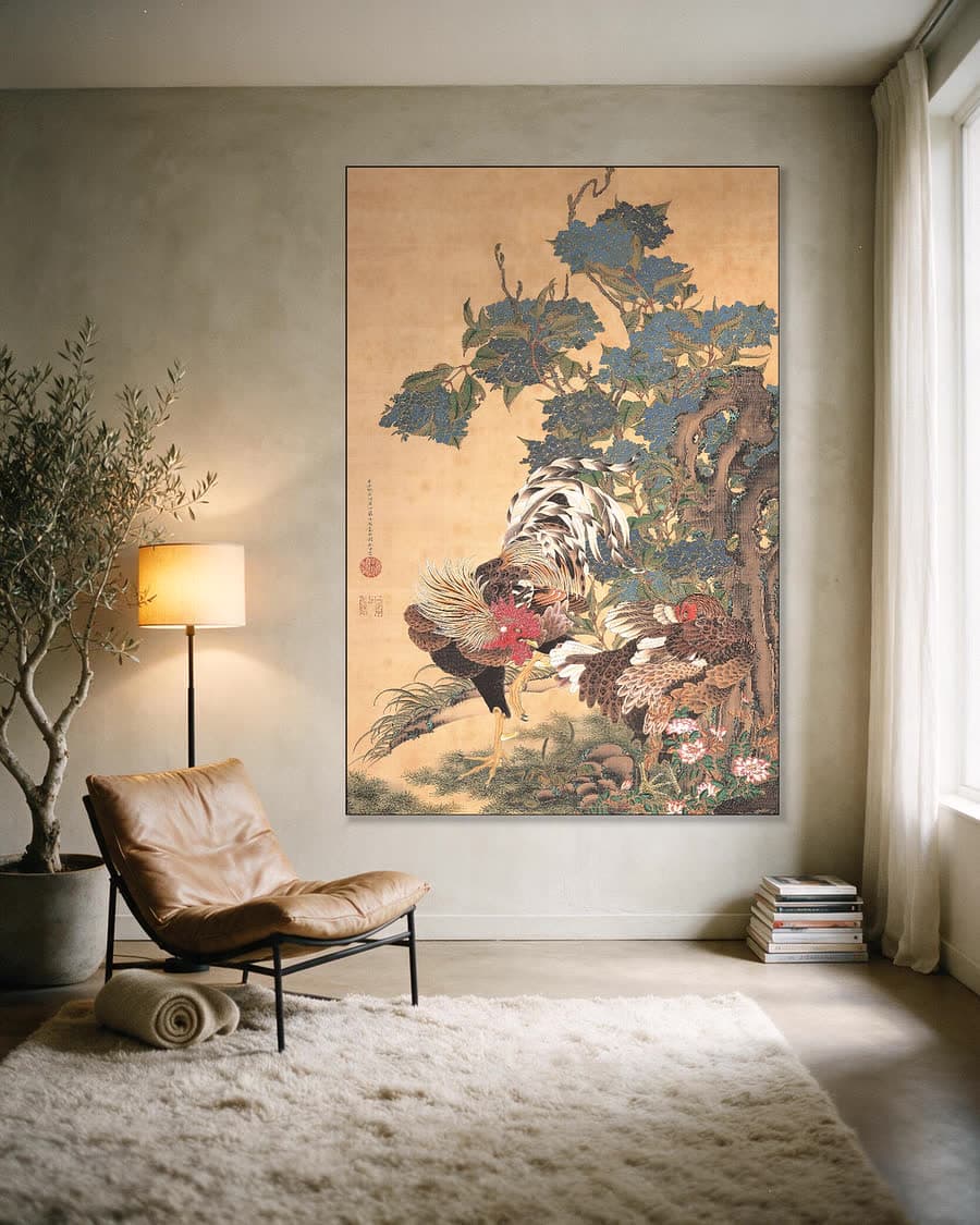 Haan en hen met hortensia's in een aluminium frame aan dezelfde muur