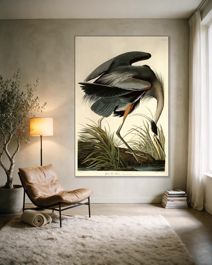 Great Blue Heron (plaat 211) in een aluminium frame aan dezelfde muur